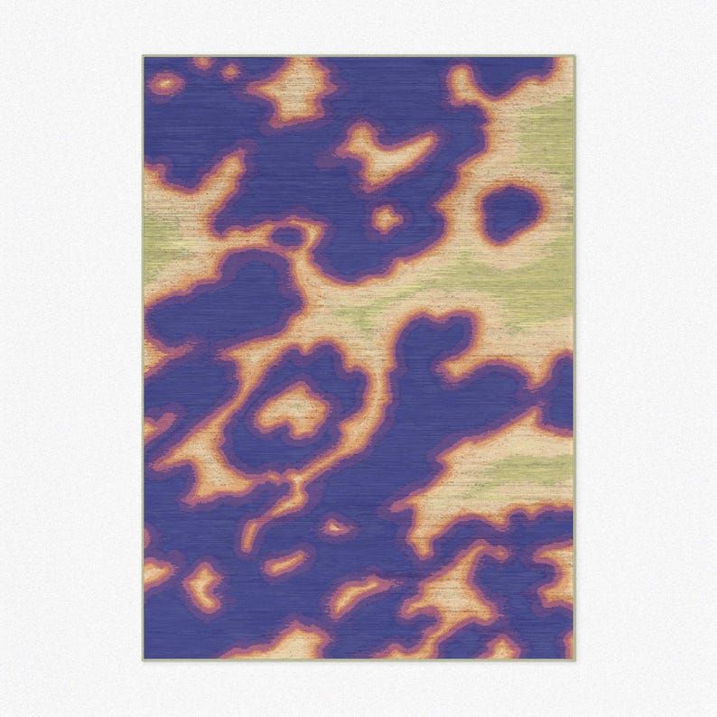 Close up product photo of an eclectic area rug in size 60x84” 5x7 rug. The hand painted weaving, textile texture features a colorful vivd purple and vibrant green and yellow animal print, abstract cowhide design showcased on a beige gray background.