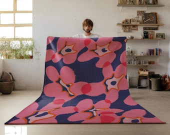 Pink Floral Area Rug: Navy Blue Mid-Century Modern Carpet for Maximalist Dopamine Home