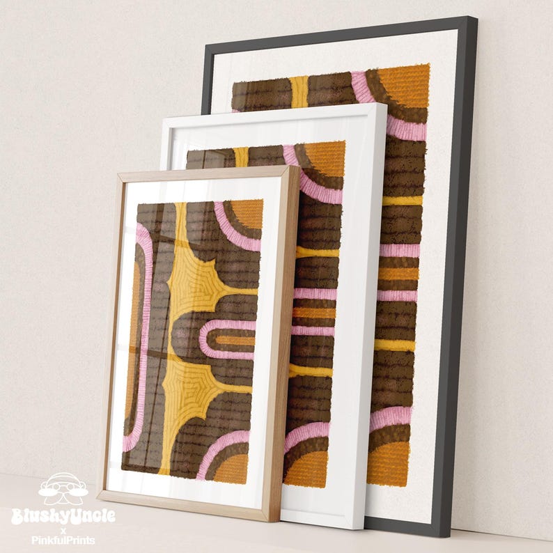 Yellow, brown and pink wall art, poppy flower art print, featuring tufted flower rug like textured painting, The bauhaus print poster available in Black frame, white frame, wood frame and unframed.