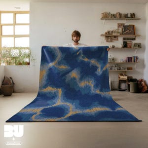 Klein Blue & Beige Psychedelic Area Rug 8x10, Abstract Cool Dopamine Decor, Mid-Century Modern Home Gift For Her, Eclectic Faux Tufted Rug
