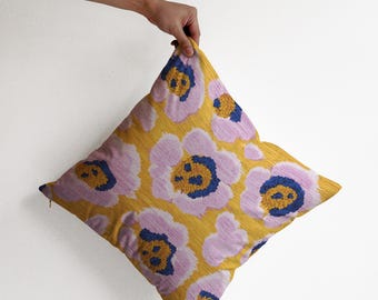 Purple & Yellow Floral Leopard Cushion Cover, Dopamine Throw Pillowcase, Eclectic Home Decor for Maximalist Living Room (40x40cm - 65x65cm)