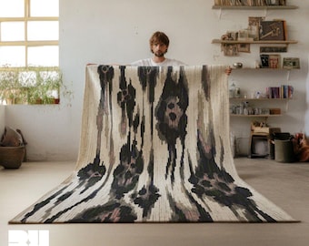 Abstract Leopard Flower Area Rug, Black, White, & Gray Eclectic Mid Century Modern Home Decor