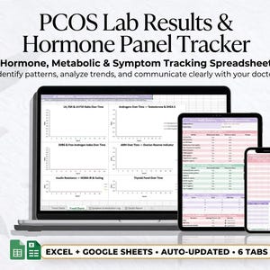 Könnte beinhalten: Ein Laptop, ein Tablet und ein Smartphone zeigen eine Tabelle zur Verfolgung von PCOS-Laborergebnissen und Hormonspiegeln. Die Tabelle enthält Diagramme und Datenanalysetools. Der Text lautet: "PCOS Lab Results & Hormone Panel Tracker."