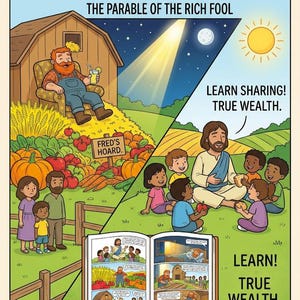 Puede incluir: Un cómic bíblico imprimible para niños titulado The Parable of the Rich Fool. La ilustración muestra a un hombre con barba sentado en una silla junto a un granero con una gran cosecha, y una escena de una figura enseñando a niños sobre compartir.