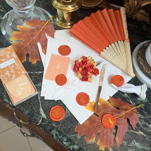 Bridgerton Stationery Desk Set of 51: Handmade Wax Seals, Seal Handle, Embossed Paper, Hand Fan, Junk Journal Orange