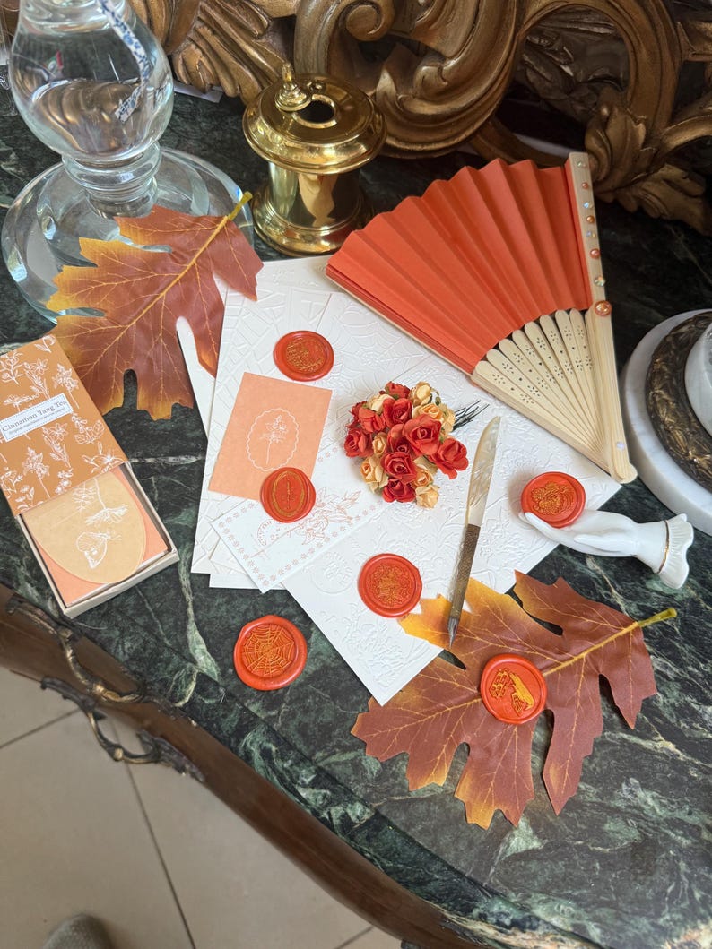 Bridgerton Stationery Desk Set of 51: Handmade Wax Seals, Seal Handle, Embossed Paper, Hand Fan, Junk Journal Orange