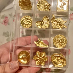 May include: A clear plastic storage box with 12 compartments, each containing a gold-colored metal charm. The charms feature various designs, including a butterfly, a snowflake, a ginkgo leaf, and a seashell.