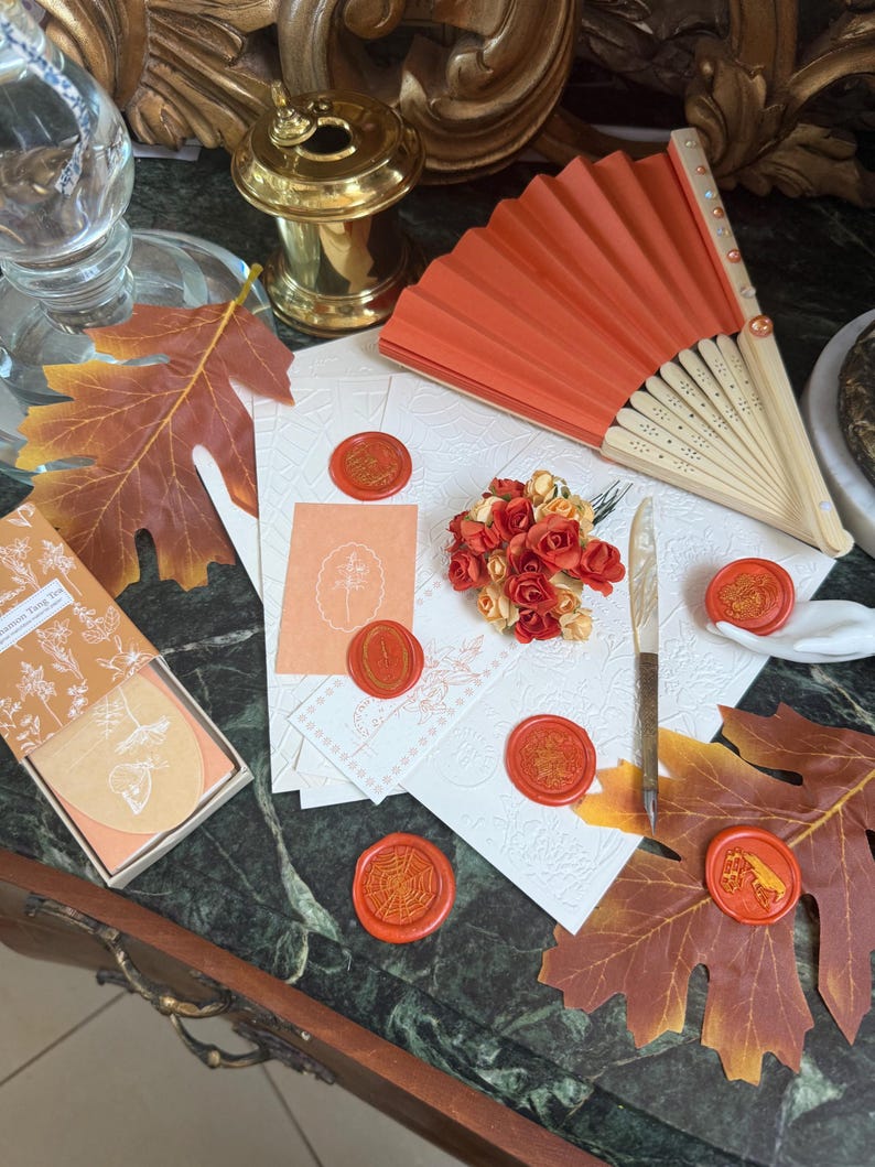 Bridgerton Stationery Desk Set of 51: Handmade Wax Seals, Seal Handle, Embossed Paper, Hand Fan, Junk Journal image 5
