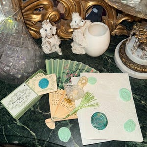 Bridgerton Stationery Desk Set of 51: Handmade Wax Seals, Seal Handle, Embossed Paper, Hand Fan, Junk Journal image 3