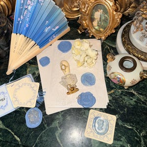 Bridgerton Stationery Desk Set of 51: Handmade Wax Seals, Seal Handle, Embossed Paper, Hand Fan, Junk Journal Blue