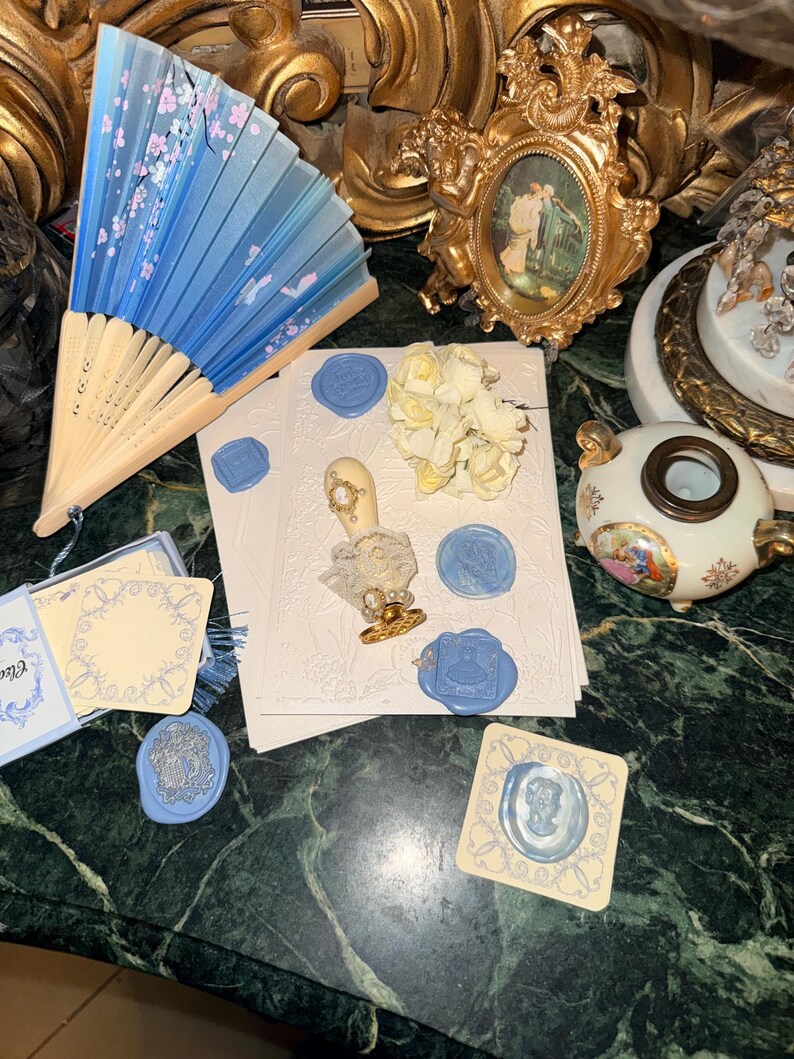 Bridgerton Stationery Desk Set of 51: Handmade Wax Seals, Seal Handle, Embossed Paper, Hand Fan, Junk Journal Blue