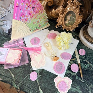 Bridgerton Stationery Desk Set of 51: Handmade Wax Seals, Seal Handle, Embossed Paper, Hand Fan, Junk Journal Pink