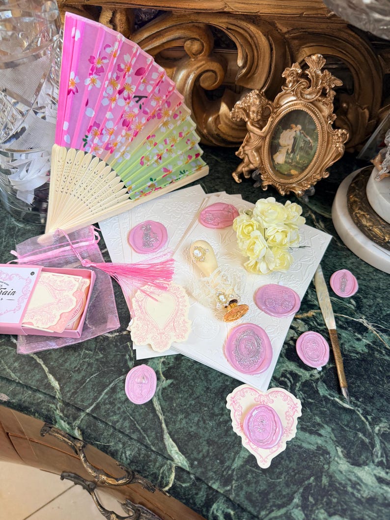 Bridgerton Stationery Desk Set of 51: Handmade Wax Seals, Seal Handle, Embossed Paper, Hand Fan, Junk Journal Pink