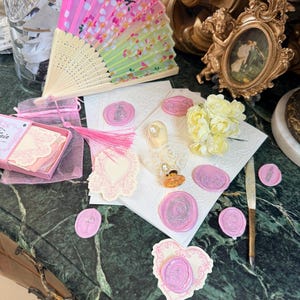 Bridgerton Stationery Desk Set of 51: Handmade Wax Seals, Seal Handle, Embossed Paper, Hand Fan, Junk Journal image 14