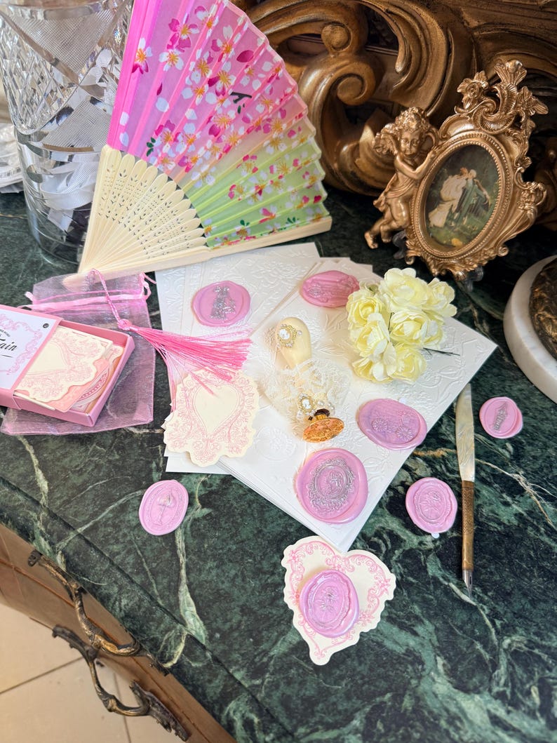 Bridgerton Stationery Desk Set of 51: Handmade Wax Seals, Seal Handle, Embossed Paper, Hand Fan, Junk Journal image 14