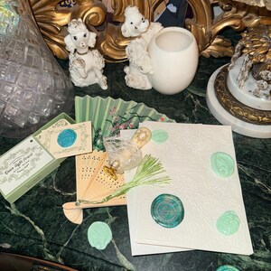 Bridgerton Stationery Desk Set of 51: Handmade Wax Seals, Seal Handle, Embossed Paper, Hand Fan, Junk Journal Green