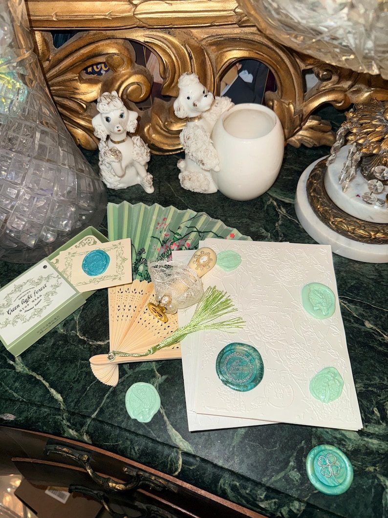 Bridgerton Stationery Desk Set of 51: Handmade Wax Seals, Seal Handle, Embossed Paper, Hand Fan, Junk Journal Green