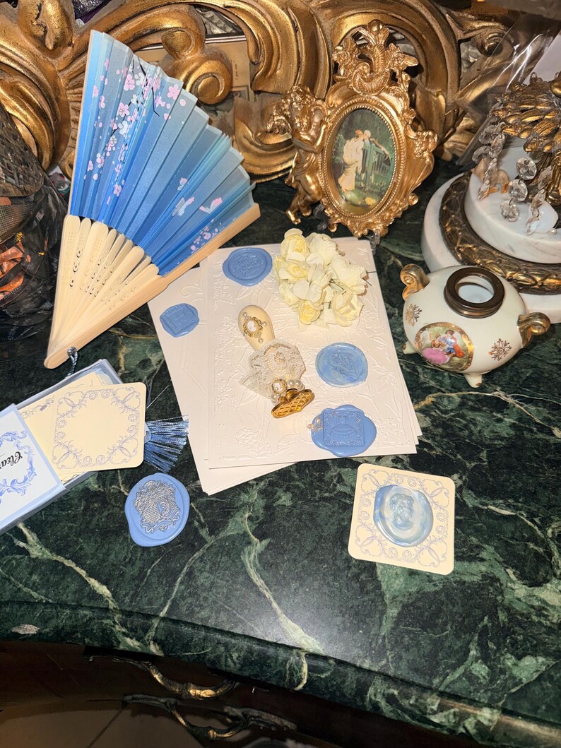Bridgerton Stationery Desk Set of 51: Handmade Wax Seals, Seal Handle, Embossed Paper, Hand Fan, Junk Journal image 6
