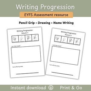 Op de afbeelding: Twee witte beoordelingsbladen getiteld Writing Progression Autumn 1 en Autumn 2. Elk blad bevat vier illustraties van potloodgrepen, een rechthoekig vak I can draw myself en een lijn met het label I can write my name.