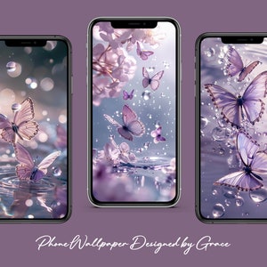 May include: Three phone wallpapers featuring a purple butterfly on a background of water droplets and flowers. The first wallpaper features a butterfly on a water surface with a blurred background of flowers. The second wallpaper features a butterfly on a water surface with a blurred background of flowers. The third wallpaper features a butterfly on a water surface with a blurred background of water droplets.