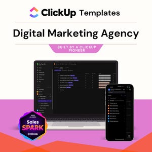 Könnte beinhalten: Ein Laptop und ein Smartphone mit der ClickUp-Oberfläche, mit dem Text "ClickUp Templates" und "Digital Marketing Agency". Das Bild enthält den Text "BUILT BY A CLICKUP PIONEER" und ein "Sales Spark"-Abzeichen.