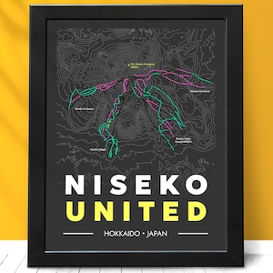 Póster del mapa de Niseko United Trail: Annupuri, pueblo de Niseko, Grand Hirafu, Hanazono. Arte mural japonés para esquí y snowboard, Hokkaido, Japón, imprimible digitalmente.