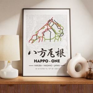 Póster con mapa de pistas de la estación de esquí Hakuba Happo-One, arte mural con kanji japonés, regalo para amantes del snowboard y esquiadores japoneses. Descarga digital imprimible.