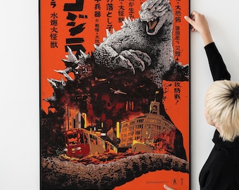 May include: A vintage-style poster for the Japanese film "Godzilla" featuring a large, fire-breathing monster Godzilla destroying a city. The poster is in Japanese and features the text "Godzilla, Water Bomb Big Monster".