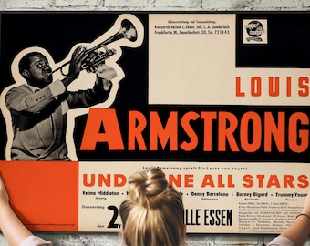 May include: A vintage concert poster advertising a performance by Louis Armstrong and his All Stars. The poster features a black and white image of Louis Armstrong playing a trumpet, with the text "Louis Armstrong" in large, bold, orange letters. The poster also includes the text "UND NE ALL STARS" in orange letters, and the names of the other musicians performing, including Velma Middleton, Denny Barcelona, Barney Bigard, and Trummy Young.