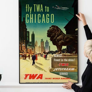 Póster retro de viaje de la aerolínea Fly TWA Chicago de los años 50: arte de aviación estadounidense vintage de mediados de siglo