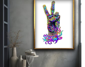 Hand sign canvas painting, Graffiti hand sign wall art, Graffiti peace sign wall cellulite, Peace hand sign wall decor