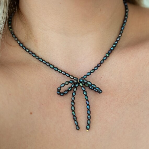 Pearl Bow Choker Necklace, Gold Filled Chain, Freshwater Pearls, Coquette Jewelry
