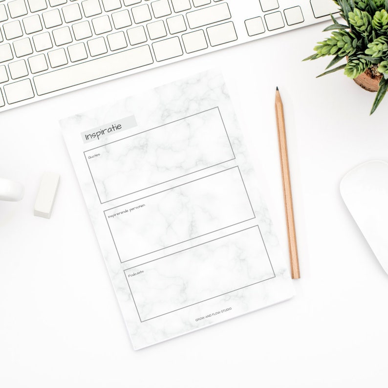 May include: A printable worksheet with a marble background and the word "Inspire" at the top. The worksheet is divided into three sections: "Quotes", "Inspirational People", and "Podcasts".