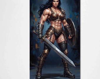 Puede incluir: Impresión en lienzo de una guerrera musculosa con armadura de bronce, sosteniendo una espada y un escudo. La obra de arte presenta un fondo oscuro con acentos azules y dorados, mostrando la fuerza y determinación de la figura. La mujer tiene pelo largo y negro.