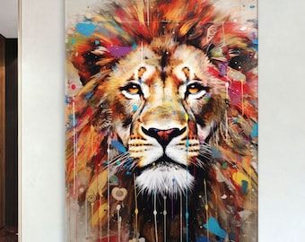 Abstract Lion Art, Animal Print on Canvas Wall Art Living Room, Framed Canvas Print, Extra Large Wall Art, Lion Print