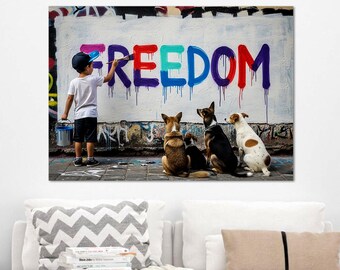Freedom Graffiti Wall Art Canvas Print Extra Large Living Room Decor, Ready-to-Hang Horizontal Stretched Panels.