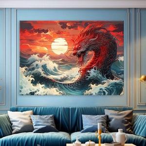 Dragon Canvas Wall Art Living Room, Modern Canvas Print, Chinese Art, Dragon Decor, Framed Canvas Print, Extra Large Wall Art