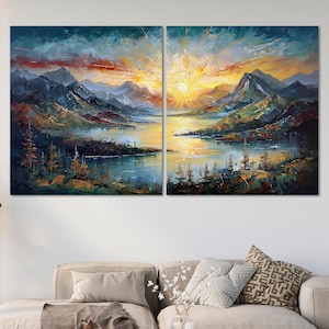 Colorful Sunset Canvas Wall Art Vibrant Landscape Print, Bold Nature Decor Lake and Mountain Art, Sunset Glow Ready to Hang Canvas.