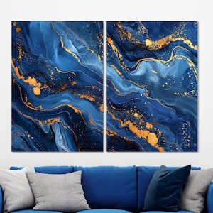 Blue Gold Abstract Art Canvas Print Wall Decor, Abstract Art Extra Large Framed Canvas, Blue Gold Modern Abstract Art Canvas Home Decor.