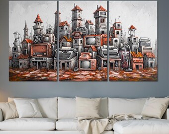 Surrealist Cityscape Canvas Print, Whimsical Home Decor