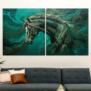 Horse Framed Canvas Art Green Wall Decor, Horse Art Canvas Print Extra Large Wall Decor, Horse Abstract Art Canvas Print Horizontal Decor.