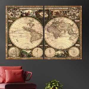 Impresión artística en lienzo de mapa del mundo antiguo para decoración del hogar, decoración de pared en lienzo de mapa del mundo vintage, decoración de pared con arte en lienzo de mapa, decoración de mapa en lienzo extragrande.