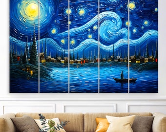 Vincent Van Gogh Art Style, Starry Night Canvas Print, Large Living Room Wall Decor.