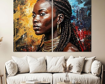 Pode incluir: Uma impressão de arte de parede de dois painéis com o retrato de uma pessoa de pele escura e cabelo trançado. O sujeito usa brincos de argola dourados e um colar dourado em camadas sobre um fundo abstrato de tinta amarela, laranja e azul.