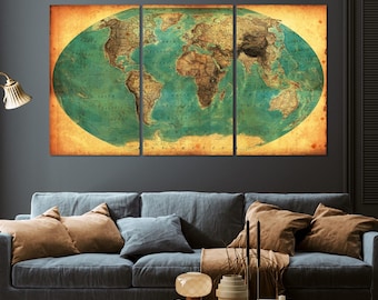 Antike Weltkarte Wandkunst, gerahmte Leinwand, extragroßes horizontales Wanddekor.