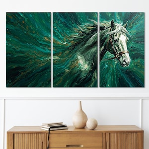 Horse Art Canvas Print Extra Large Wall Decor, Horse Abstract Art Canvas Print Horizontal Decor, Horse Framed Canvas Art Green Wall Decor.