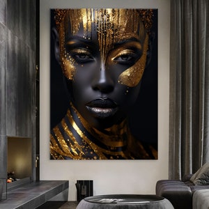 Black Girl With Golden Makeup Canvas Wall Art Living Room Decor, African Woman Art, Black Woman Canvas Print, Extra Large Wall Art