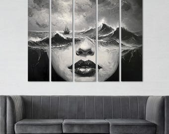 Surrealist Face Canvas Print, Extra Large Living Room Wall Art, Ready-to-Hang Stretched Panel