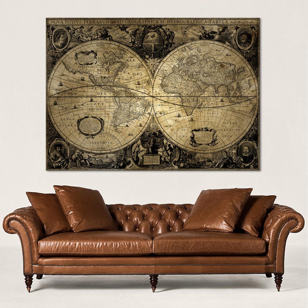 Framed Vintage World Map Canvas Print, Antique Style Large Wall Art - Etsy