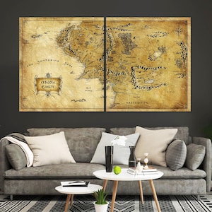 Carte en toile du Seigneur des anneaux, décoration murale en toile de carte de la Terre du Milieu, art mural carte de film, carte de la Terre du Milieu, oeuvre d'art de carte du monde, impression sur toile de carte